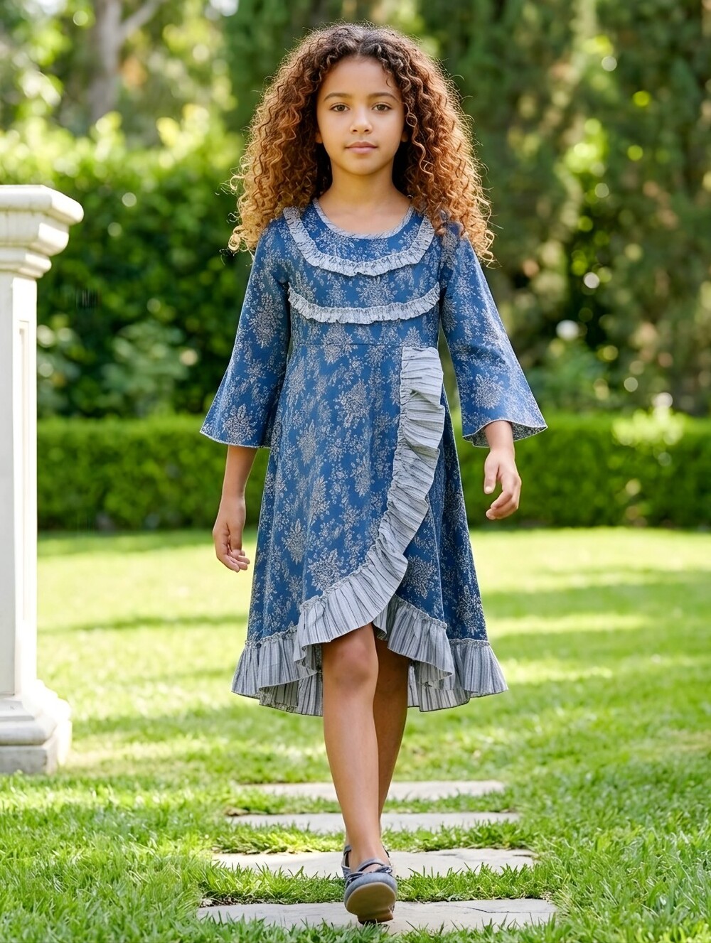 Little Lovebird Blue Floral Ruffle Asymmetrical Tiered A-Line Midi Dress Sz 8